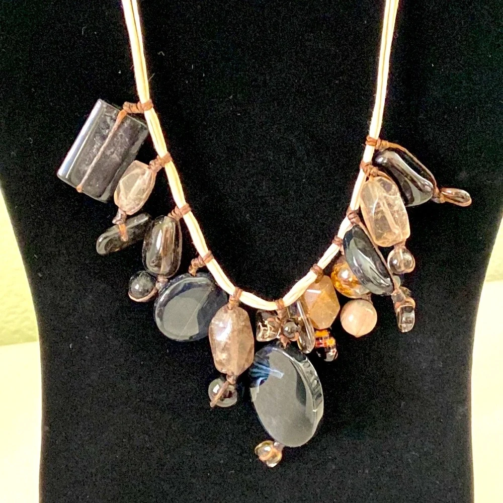 Polished Stone and Millefiori Flower Glass bead necklace rustic